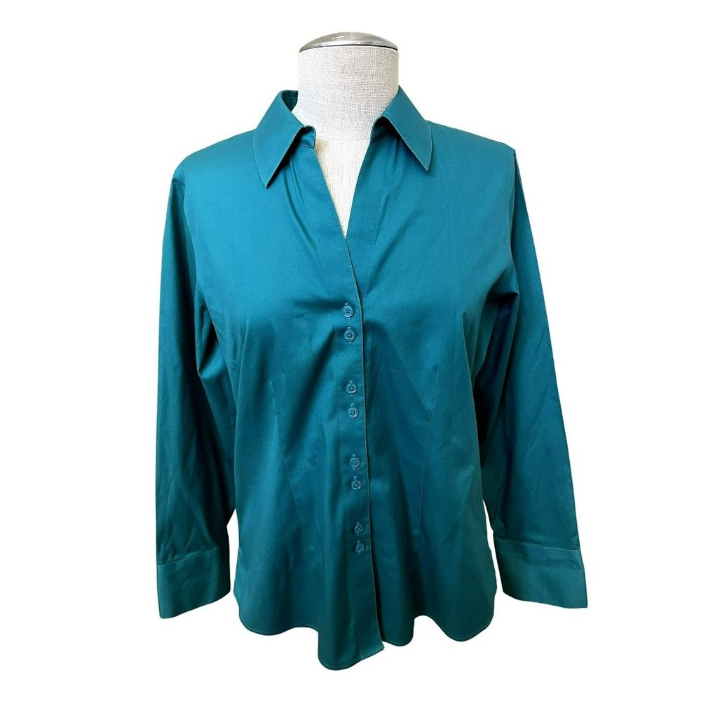 Chico's Women's No Iron Shirt Long Sleeve Blue Collared Size 1/8/Small
